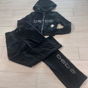 bebe Black Rhinestone Logo Zip cropped Hoodie & Sweatpants Set